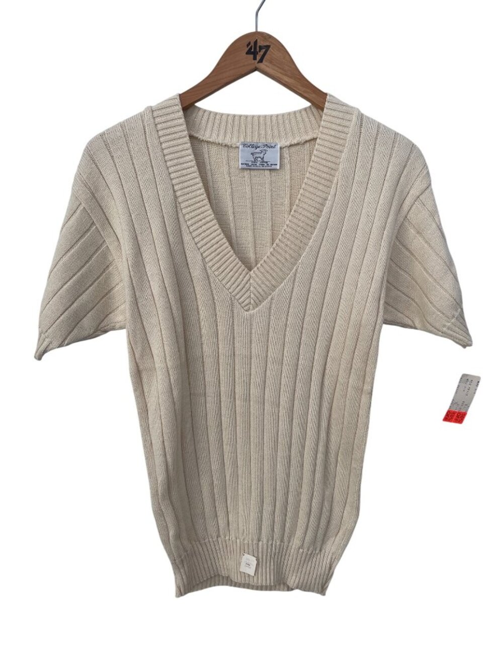 Vintage College Point Sweater Large Ribbed V Neck Short Sleeve Deadstock NEW